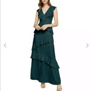 BCBGMAXAZRIA Sleeveless Tiered Ruffle Long Gown Maxi Dress Fern Green 2